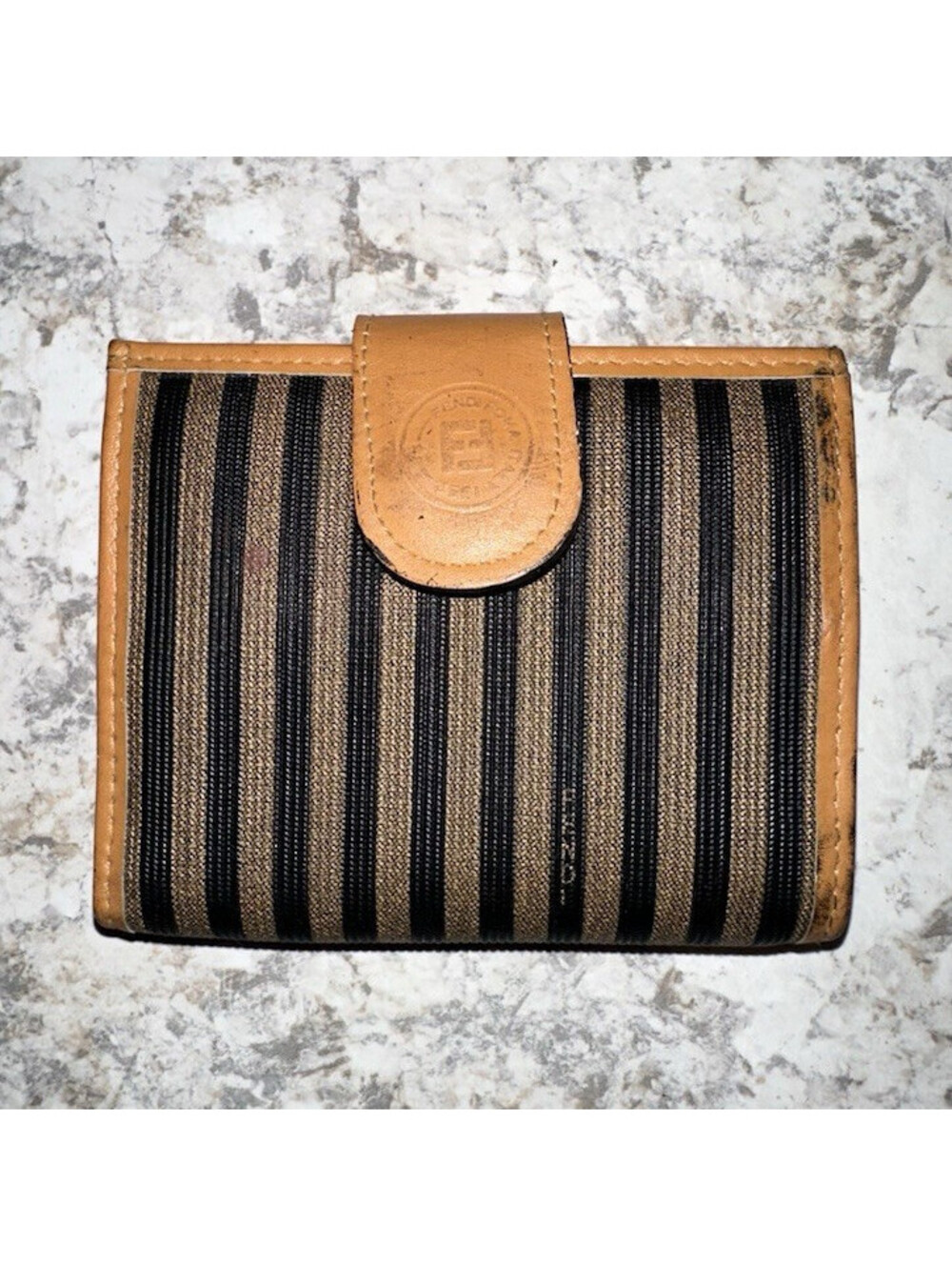Fendi Women's Brown/Black Striped Logo Folding Bi-Fold Wallet